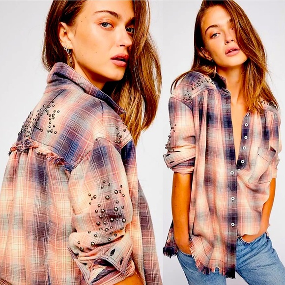 Free People • Take Me On Studded Plaid Fringe Button Down Long Sleeve Shirt XS - Picture 2 of 15
